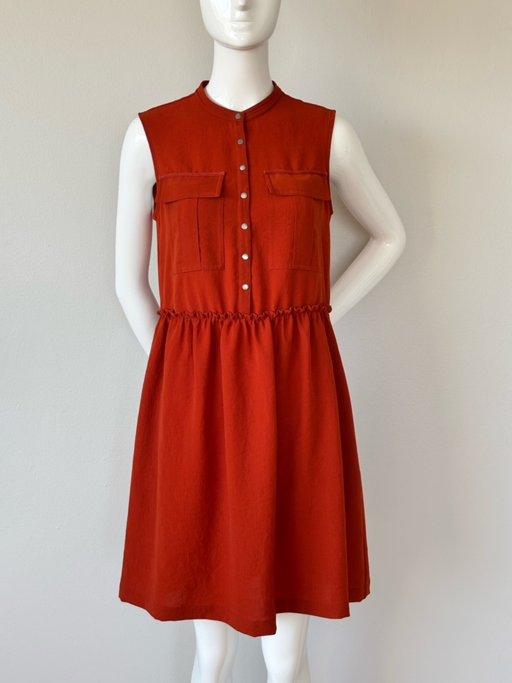 Burberry Burnt Orange Sleeveless Shirt Dress | Snap Button Mini, Pockets - Picture 3 of 9